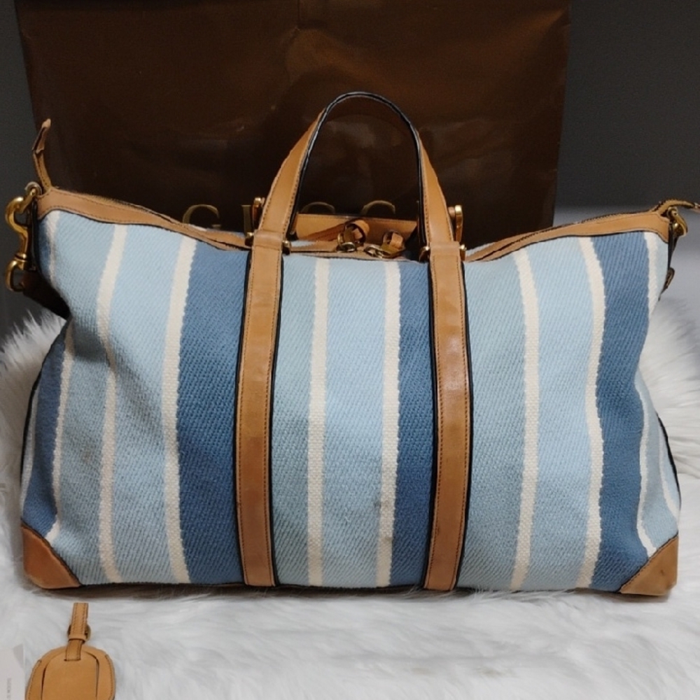SALE! Auth Gucci Blue & White Striped Leather Trim Travel/Duffle Bag W Strap - Picture 4 of 16